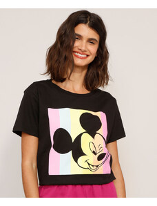 C&A Camiseta de Algodão Mickey Mouse Manga Curta Decote Redondo Preta