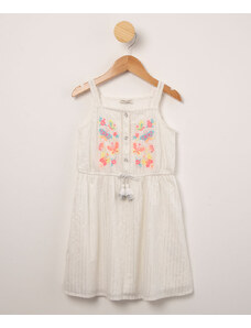 C&A vestido infantil alça fina listrado com lurex e bordado de borboletas off white