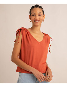 C&A blusa básica com franzido nos ombros manga curta decote v marrom