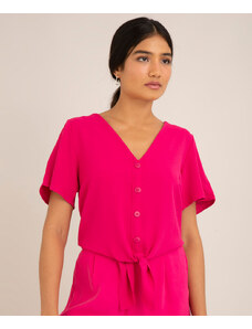 C&A blusa cropped texturizada com botões e nó manga curta decote v rosa