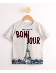 C&A Camiseta Infantil "Bonjour" Torre Eiffel Manga Curta Cinza Mescla Claro