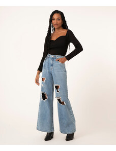 C&A calça jeans feminina wide pantalona cintura super alta destroyed azul claro