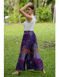 Calça Thai Calça pantalona roxa com estampa oriental de folhas em rayon | CalcaThai.com