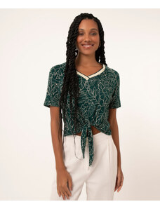 C&A blusa decote v com amarração folhagem verde