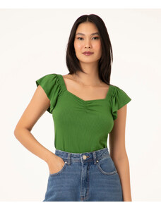 C&A blusa decote franzido manga babado verde escuro