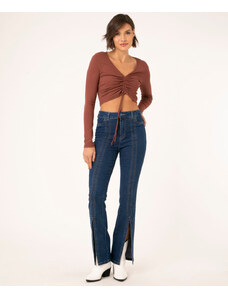 C&A calça jeans flare recortes cintura alta sawary azul médio