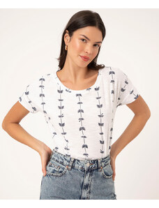 C&A camiseta flamê de algodão mini estampa folhagens off white