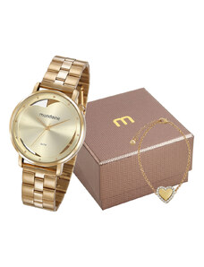 C&A kit de relógio feminino mondaine analógico + pulseira dourado