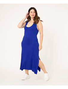 C&A Vestido Feminino Plus Size Básico Midi com Fenda Decote Nadador Azul Royal