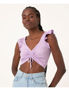 C&A blusa cropped canelada com amarração e babado lilás