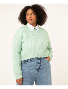 C&A suéter cropped de tricô plus size decote redondo verde