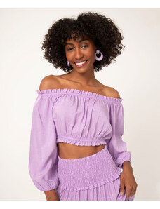C&A blusa de viscose cropped ombro a ombro texturizada lilás
