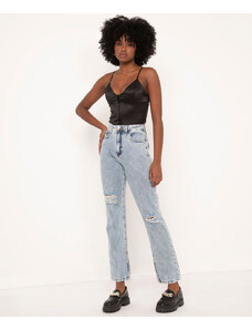 C&A calça jeans reta cintura super alta com fenda azul médio