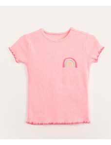 C&A blusa infantil canelada manga curta arco-íris rosa