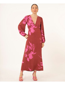 C&A vestido longo de viscose floral manga bufante terracota