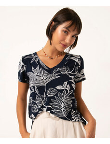 C&A camiseta de viscose decote v folhagem azul marinho