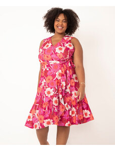 C&A vestido midi transpassado plus size com amarração decote v estampa floral rosa