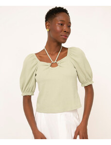 C&A blusa texturizada manga curta bufante verde claro