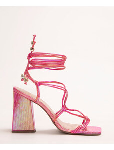 C&A sandália salto alto texturizada holográfica via uno pink