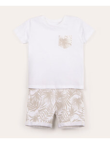 C&A conjunto infantil camiseta manga curta folhagem e bermuda off white