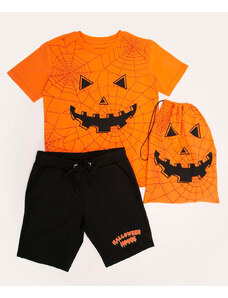 C&A conjunto infantil manga curta abóbora halloween + sacola laranja