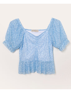 C&A blusa juvenil de tule floral manga bufante azul