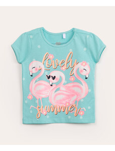 C&A blusa infantil manga curta flamingos glitter azul médio