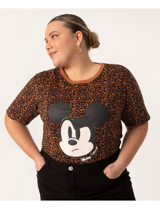 C&A camiseta de algodão plus size mickey mouse animal print marrom