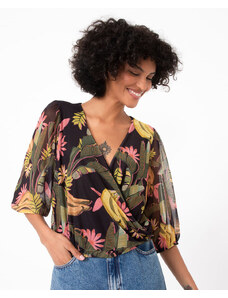 C&A blusa de tule floral manga bufante decote v preta