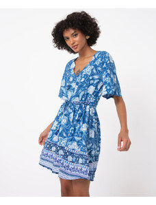 C&A vestido curto de viscose floral manga curta azul