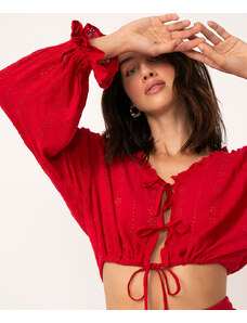 C&A blusa cropped de laise manga bufante com amarração vermelha