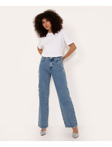 C&A calça jeans wide leg cintura super alta com rasgos sawary azul médio