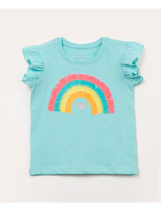 C&A blusa infantil manga curta arco íris bordado azul médio