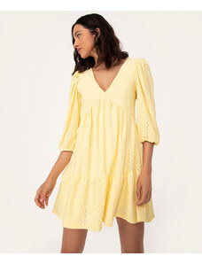 C&A vestido curto de laise manga bufante amarelo médio