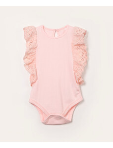 C&A body infantil de algodão manga em laise rosa