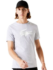 Camiseta Lacoste Masculina Jersey Sport 3D White Logo Cinza Mescla