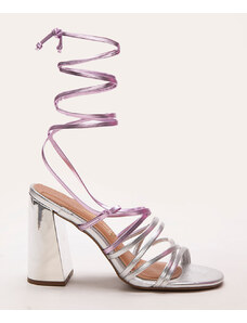 C&A sandália metalizada lace up salto alto vizzano prata