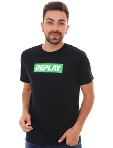 Camiseta Replay Masculina Brand Green Block Preta