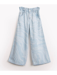 C&A calça wide leg jeans infantil estampa psicodélica azul médio