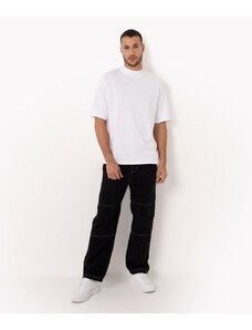 C&A calça de sarja wide recortes cós elástico preto