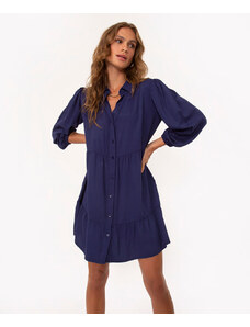 C&A vestido chemise curto de viscose manga bufante azul marinho