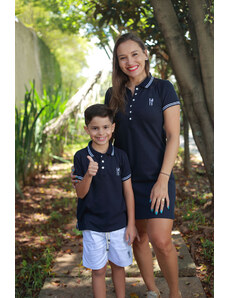 MÃE E FILHO - Kit 02 Peças - Vestido + Camisa ou Body Polo Unissex - Azul Marinho Céu