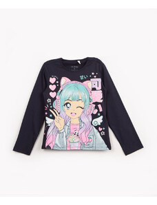 C&A blusa infantil de algodão manga longa anime glitter azul marinho