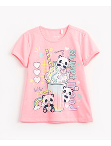C&A blusa infantil de algodão manga curta pandinha glitter rosa neon