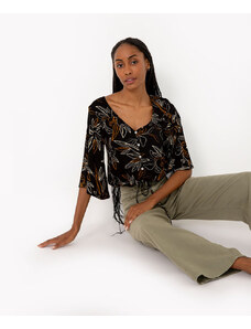 C&A blusa de malha floral com botões e cordão manga ampla preto