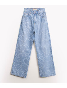 C&A calça jeans juvenil wide leg corações azul médio
