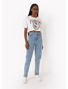 C&A Calça jeans mom cintura super alta com bordado azul claro
