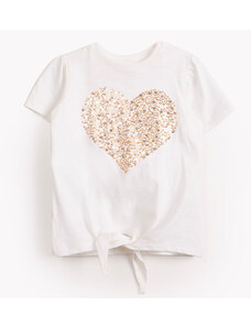 C&A blusa infantil de malha coração paetê manga curta off white