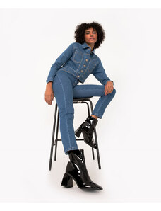 C&A calça jeans cigarrete cintura alta com brilho e tachas sawary azul médio