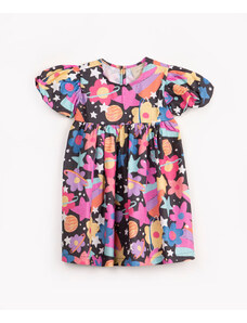 C&A vestido de algodão infantil floral manga curta bufante cinza escuro
